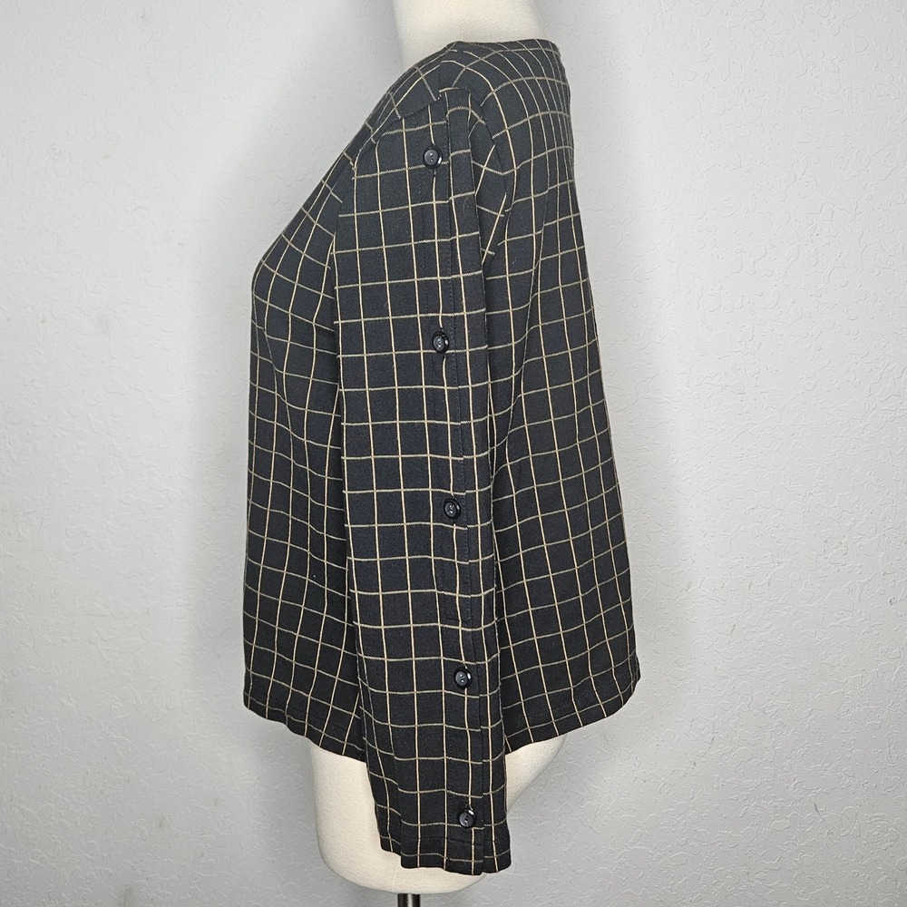 J. Jill Ponte Windowpane Top Black Tan Button Sleeve Boat Neck Womens Medium P - Picture 4 of 9